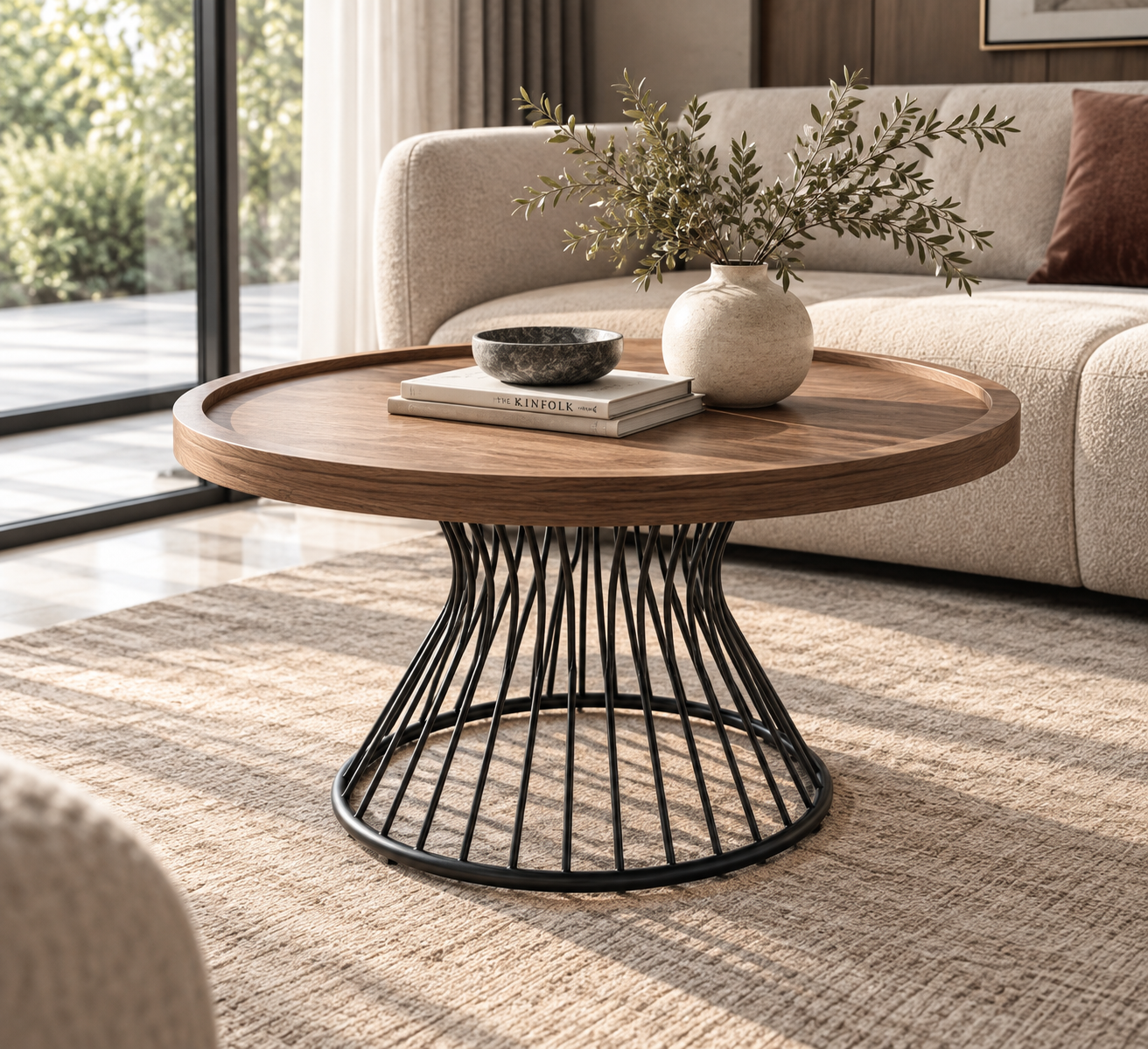 04 — Round Wood CoffeeTable with Wire Metal Base