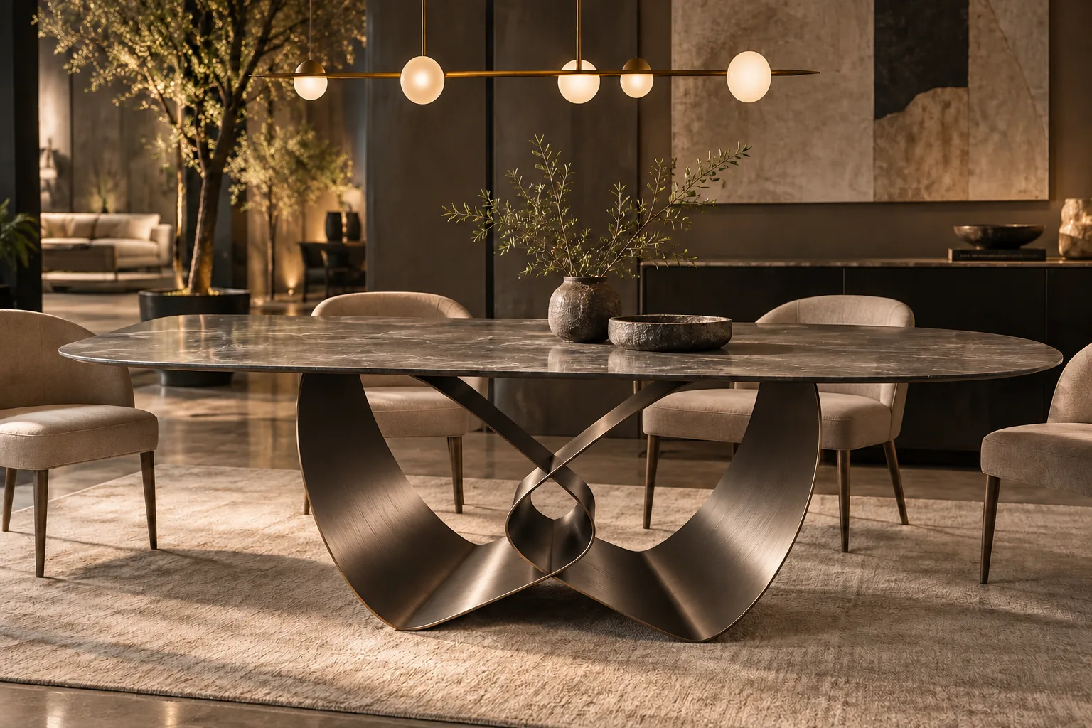 Dining-room scene with a sculptural metal-base table