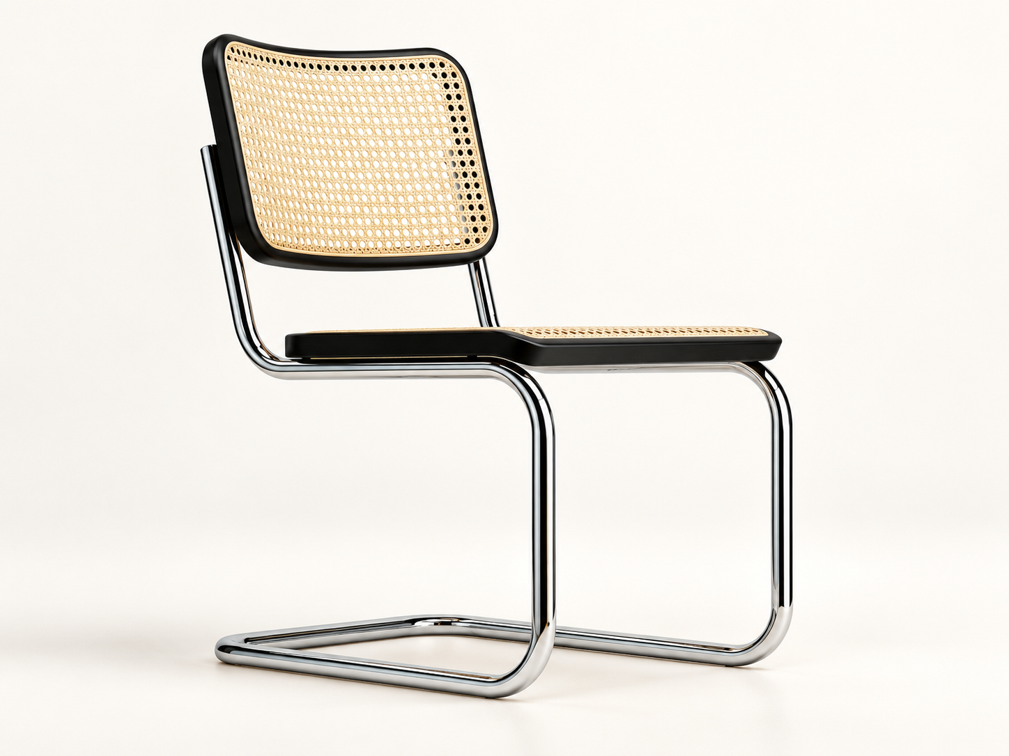 Cantilever chair illustration with silver-tone tubular frame and woven-look seat and back