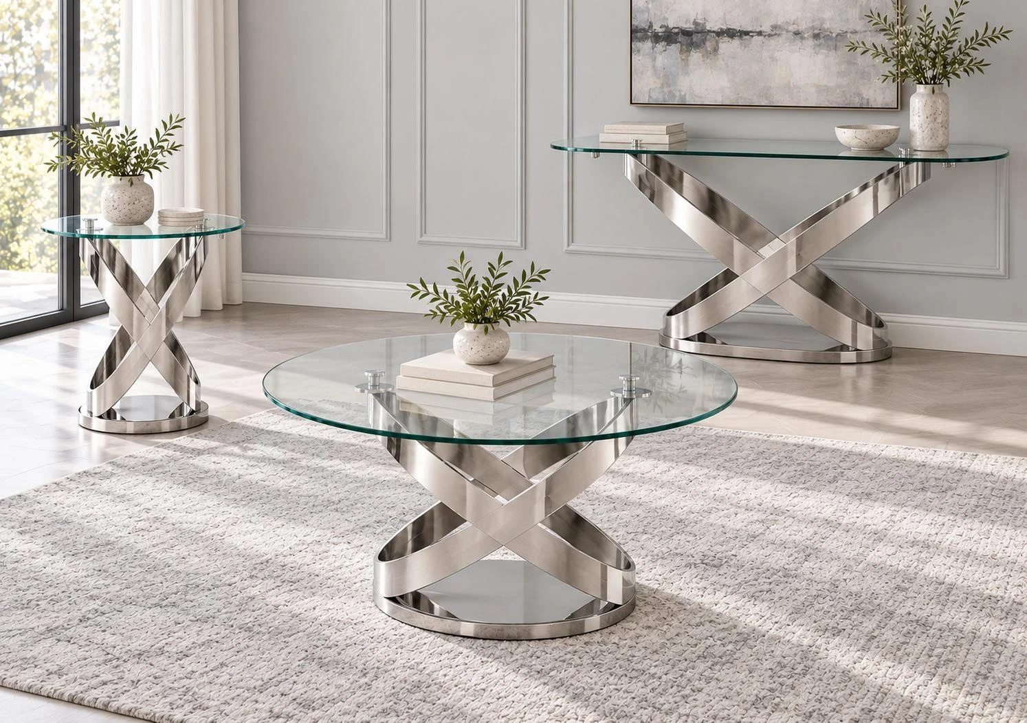 DT01 companion furniture with a side table at left, coffee table in front and console table at rear, sharing intersecting silver-tone bases