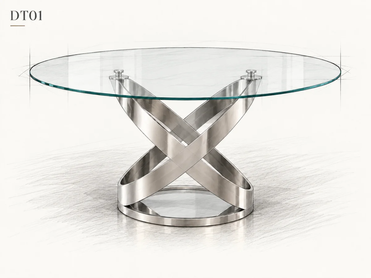 DT01 design sketch showing a round glass top and silver-tone intersecting base; subject to engineering review
