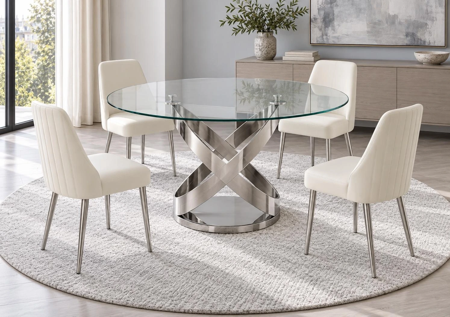 DT01 catalogue dining set with a glass top and intersecting silver-tone metal base