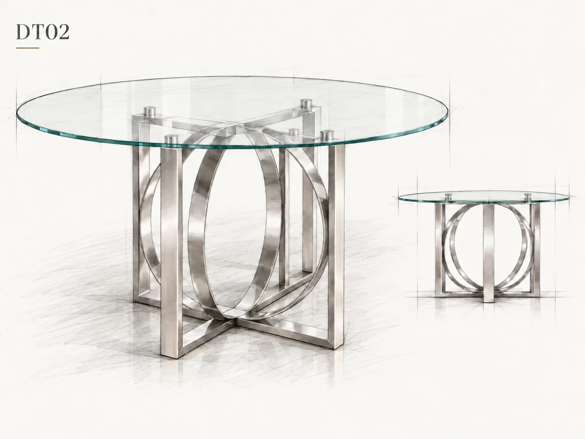 Design sketch of DT02 with circular elements and rectangular supports beneath a glass top; construction unverified