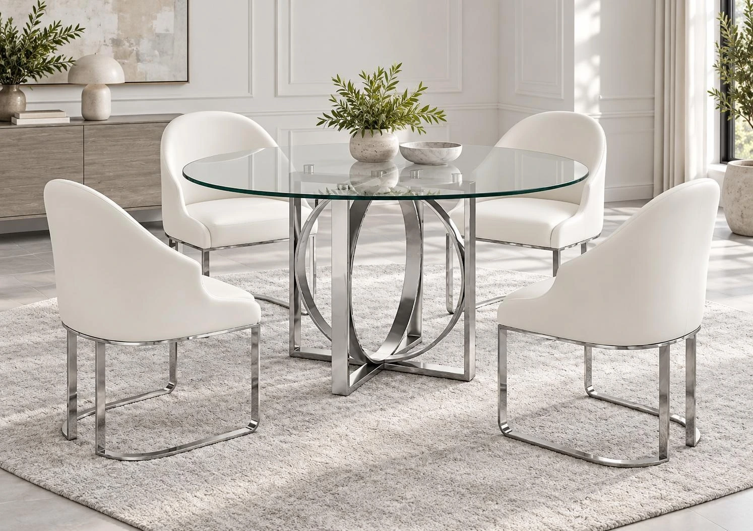 DT02 catalogue dining set with circular silver-tone elements within rectangular table supports
