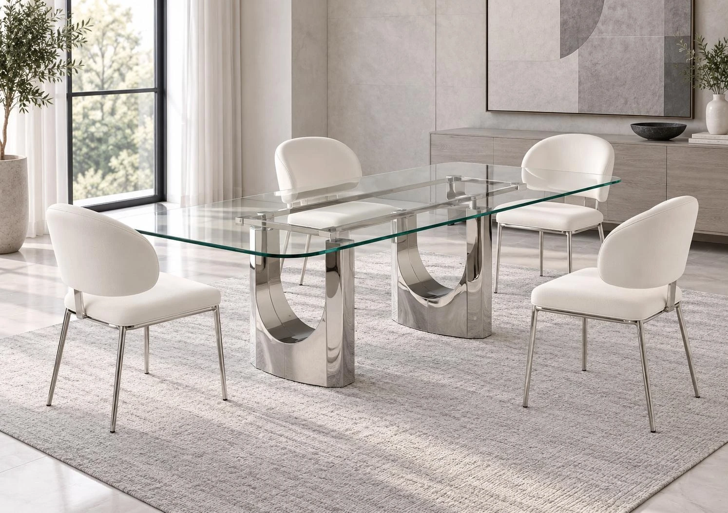 DT03 rectangular glass-top table with two broad U-shaped silver-tone supports