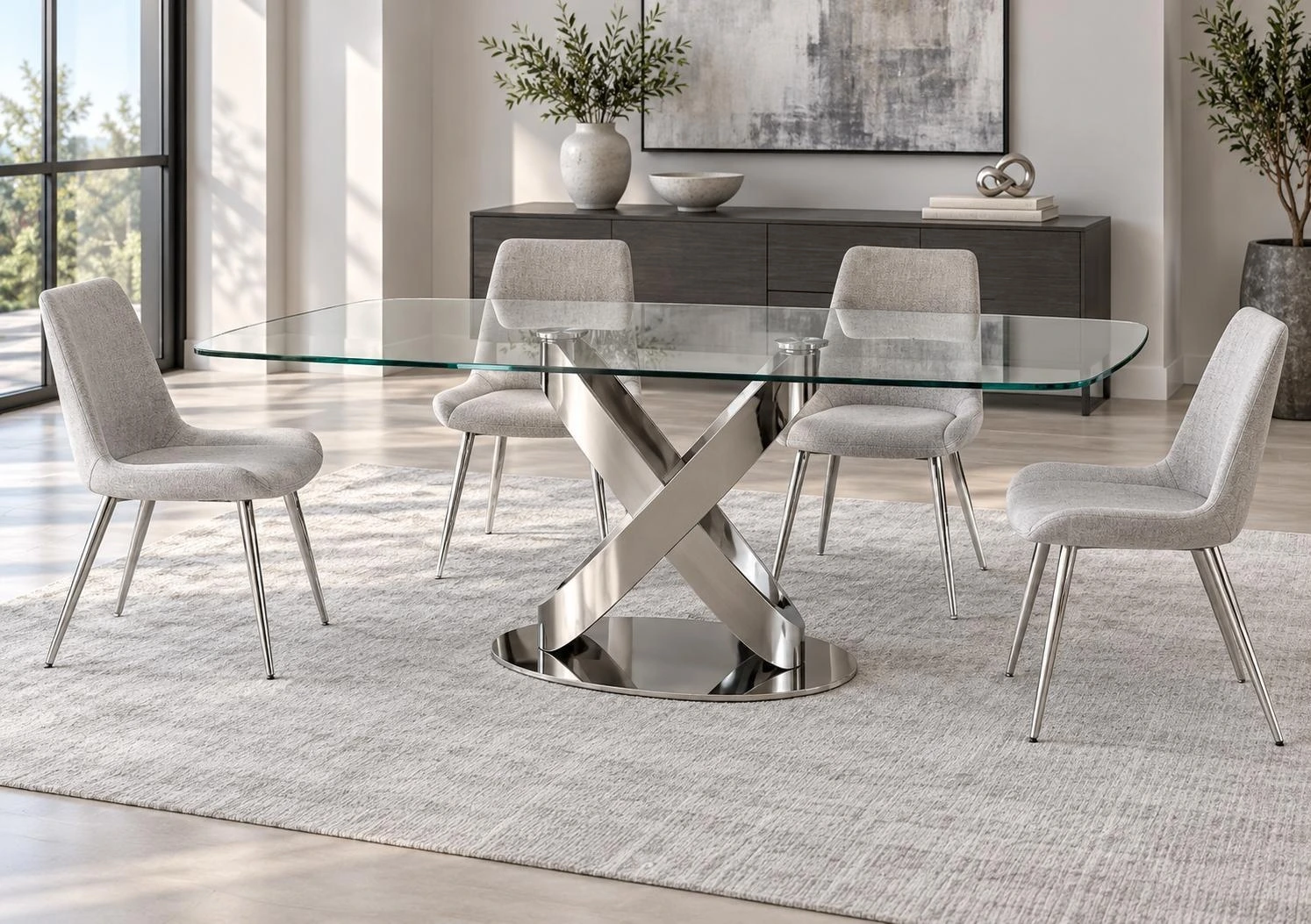 DT08 rectangular glass-top dining table with an intersecting base and grey upholstered chairs