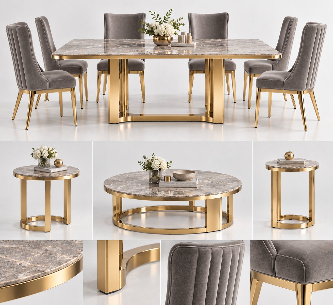 Marble and metal dining series in gold finish: dining table, chairs, coffee table and side tables