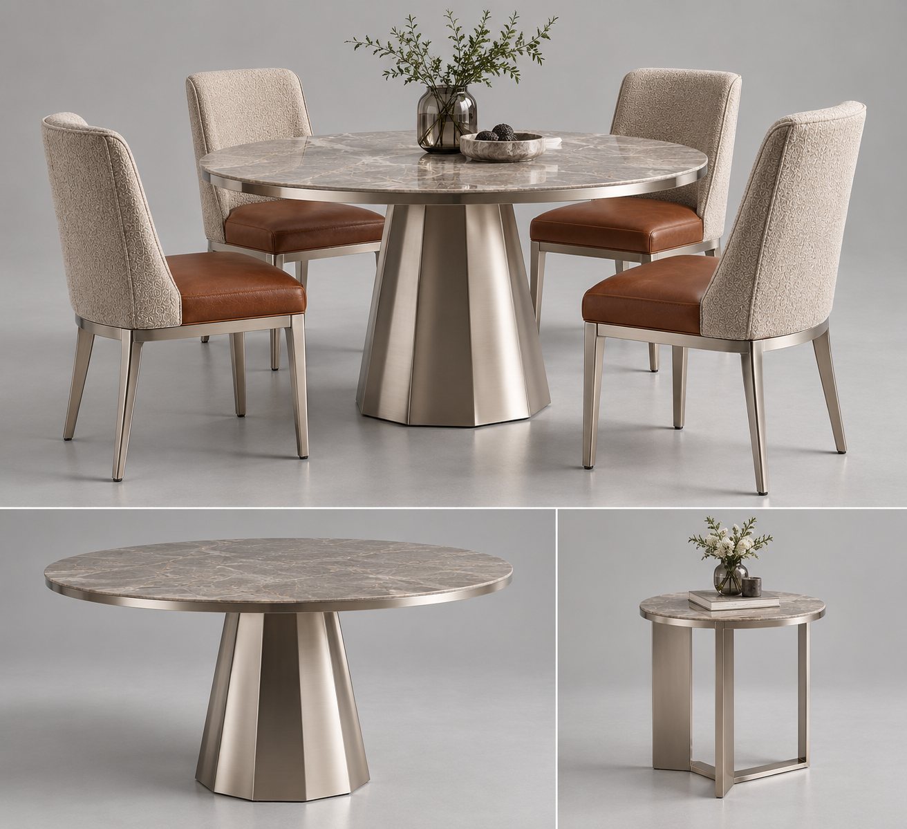Round pedestal dining set with four chairs and a matching side table